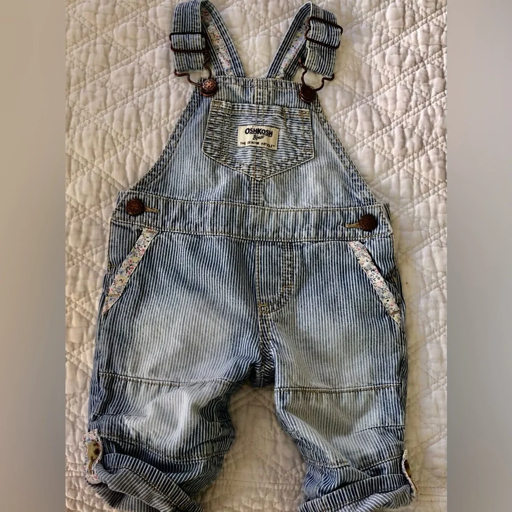 OshKosh B'gosh Navy Striped Overalls w/Pink Flowers